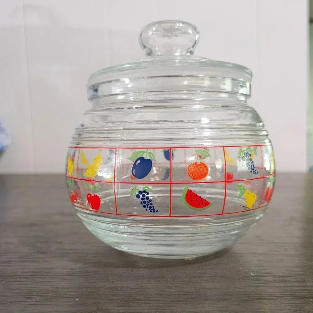 KIG Indonesia Glass Jar With Lid, Colorful Fruit Design 5”